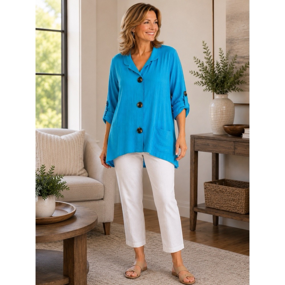 Ali Miles Size 2X Turquoise Blue Button Front Top Roll Tab Sleeve Lagenlook